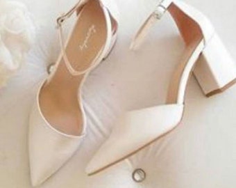 Scarpe da sposa a spillo, tacco largo, scarpe da sposa con cinturino alla caviglia, scarpe da sposa in avorio per la sposa, scarpe da sposa con fibbia, scarpe in avorio