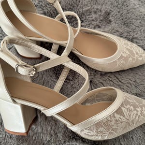 Criss Cross, Tulle , Wedding Shoes for brides , Transparent Flower Ivory Lace, Heels , Bridal Shoes , Bride Shoe , Block Heels