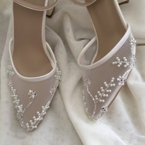 Pearl-Stone Embellished , Tulle with pearl embellishment , Wedding Shoes , Bridal Shoes , Bride Shoes , Pearl Embellished Tulle image 2