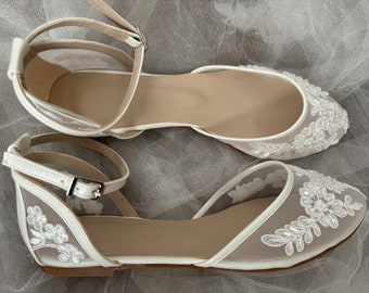 Sapato de bico arredondado, sapato de casamento plano, sapato de noiva plano, sapato plano, sapato plano de renda