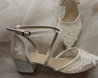 Handcrafted Pearl Guipure Bridal Shoes, Criss Cross Wedding Shoes