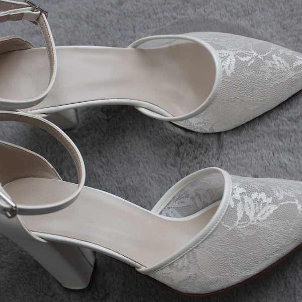 Tulle , bride shoe for wedding ,ivory wedding shoe, Transparent Flower White Lace, Ankle Strap Ivory