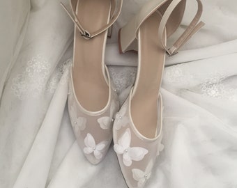 Butterfly , Tulle , Wedding Shoes , Bridal Shoes , Bride Shoes , Embellished Tulle  , ivory