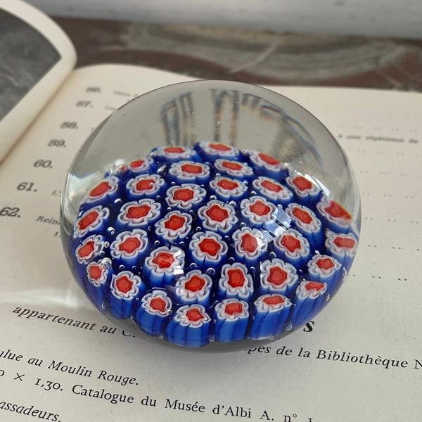 Vintage, large sulfide, Murano crystal paperweight, millefiori decoration, colorful circular shapes, 20th century, blue, red, Italy