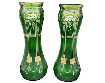 Large 1900s glass vases, floral decoration, gilt, Art Nouveau period, flowers, bow, hand-painted, gold highlights, ANTIQUE, France