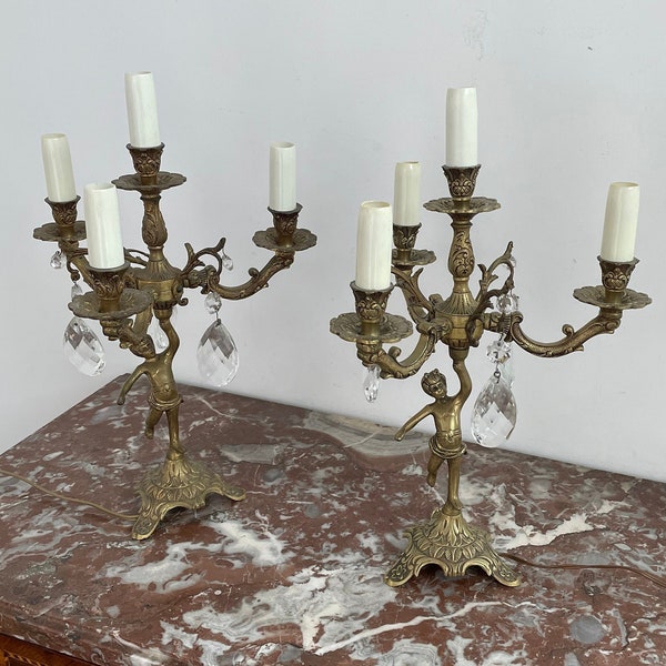 Antique, pair, girandoles, candelabra, bronze, putti, crystal, 4 lights, pendants, late 19th century, candlesticks, carving, gilded, France