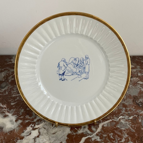 Vintage, assiette décorative, porcelaine, Limoges, estampille au revers, MG, contour doré, décor dessin, cheval malade, docteur, art, France