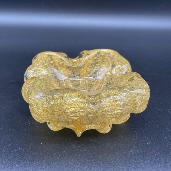 Vintage, vide poche, Murano, Archimède Seguso, jaune, or, bullé, formant fleur stylisé, verre soufflé, décor chic, décoration Venise, Italie