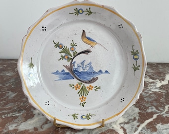 Antique, Assiette décorative, faïence ancienne, creuse, décor, oiseau, fleurs, décoration florale, XIXème siècle, collection, art, France