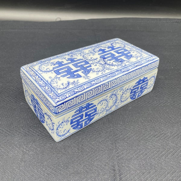 Vintage, boîte chinoise, rectangulaire, grande, porcelaine blanche, décor médaillons, frises, 2 compartiments, décoration asiatique, Chine