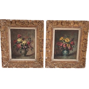 Antique, paire, peinture à l'huile, XIXème siècle, nature morte au bouquet de fleurs, still life, signées, cadres bois, Emile Bouche, France