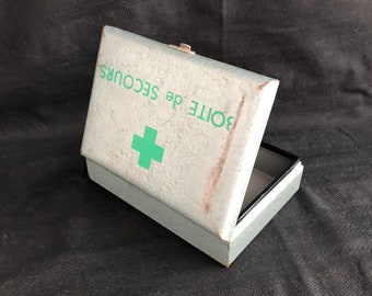 Vintage, French first aid box, first aid kit, metal, grey, green cross, decoration, storage, Industrial Decor, France