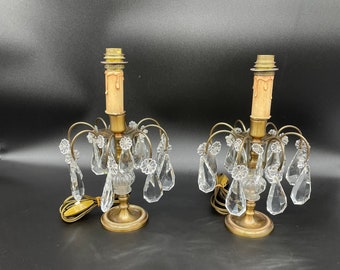 Antique, pair of girandoles, candlesticks, gilded brass, pendants, glass, drops, flowers, 1 light, French decoration, Early 20th century, France