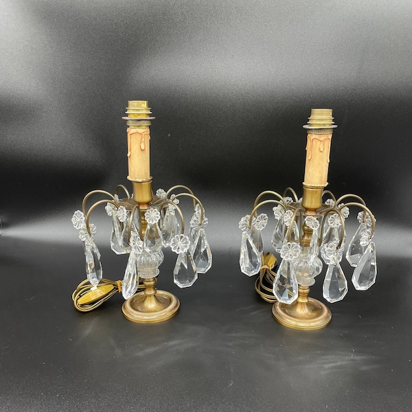 Antique, pair of girandoles, candlesticks, gilded brass, pendants, glass, drops, flowers, 1 light, French decoration, Early 20th century, France