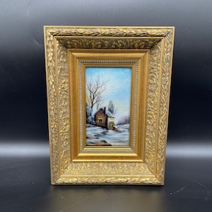 Vintage, enamels on copper, curved, Limoges, signed Sillonnet, decor, old house, winter landscape, snow, wooden frame, gilded, chic, France