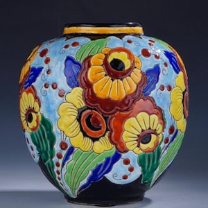 Antique, ovoid vase, Charles Catteau, Keramis, ART DECO period, fine earthenware, floral enamel decoration, collection vase Work of art, Belgium
