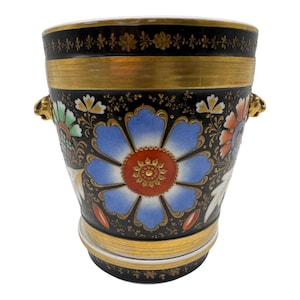 Antike Pariser Porzellan-Jardinière, schwarzer Hintergrund, polychrome Blumen und Vergoldung, Ende des 19. Jahrhunderts