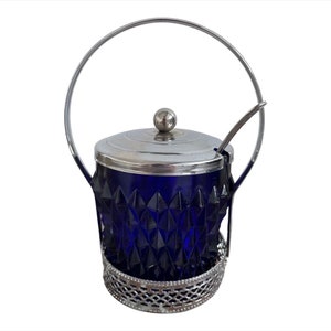 Sugar pot, sugar bowl, Brama Empire Stainless, blue glass, silver plated metal, spoon, diamond point, English silverware, England