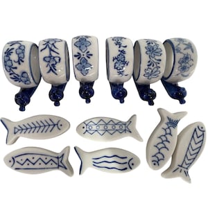 Vintage, set di 6 portacoltelli, 6 portatovaglioli, porcellana di Rodi, lumache, pesce, decorato, blu, nidificazione, tavolo, Grecia