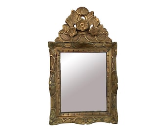 18th century mirror, Louis XVI, French work, gilded carved wood, decoration of flowers and acanthus leaves, pediment, luxury, chic, France