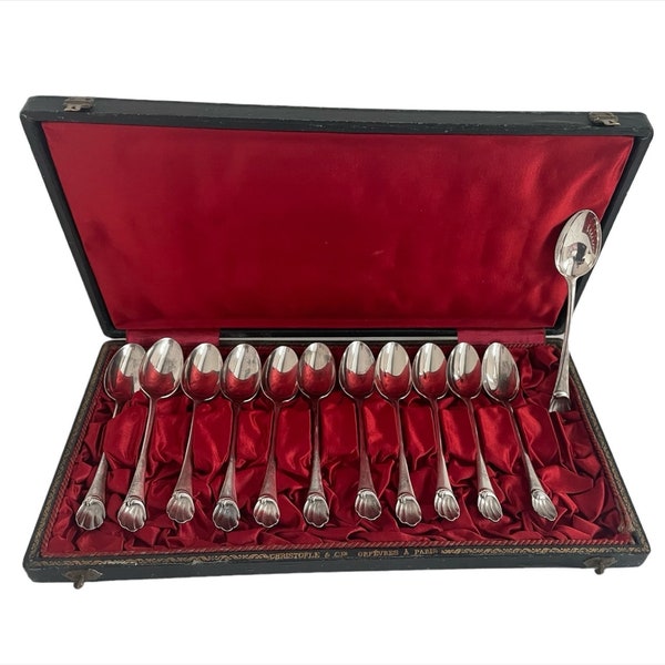 Antique, 12 Moka spoons, Christofle, 19th century, original Christofle et Cie case, Goldsmith Paris, Abeille hallmark, table decor, France