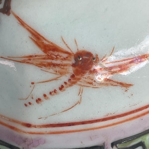 May include: Close-up of a white ceramic surface with a detailed insect illustration in shades of orange and red. The insect has delicate wings and a segmented body. The design is part of a larger decorative piece.