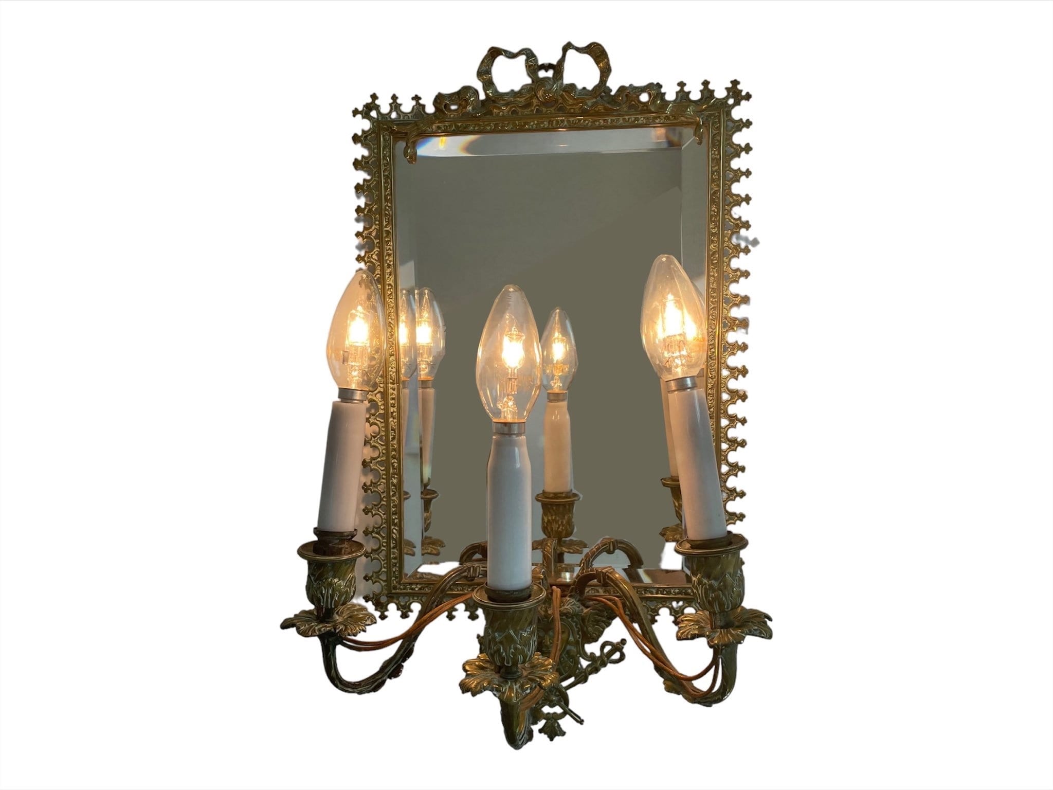 Antique, wall lamp, mirror, candlesticks, 3 lights, beveled glass, Napoleon III, woman's mask, swords, Louis XVI ribbon, antique, art, France