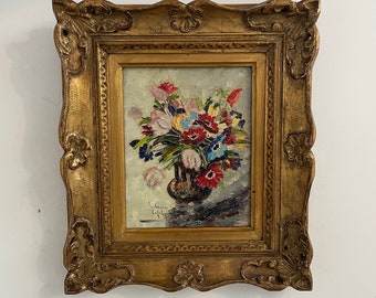 Vintage, peinture à l'huile, nature morte au bouquet, vase, fleurs, signé, Hélène Lajoly, cadre doré à la feuille d'or, frises, chic, France