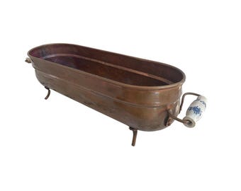Large antique hammered copper planter – French country style Delftware cachepot