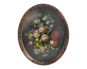Vintage, nature morte au bouquet, peinture à l'huile sur papier, cadre bois, oval, sculpté, verni, école française, décor floral,art, France