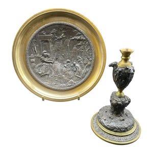 19th century gilt and patinated bronze cup, Napoleon 3, Neoclassical / Renaissance decorative tazza, Antique table centerpiece, French work image 3