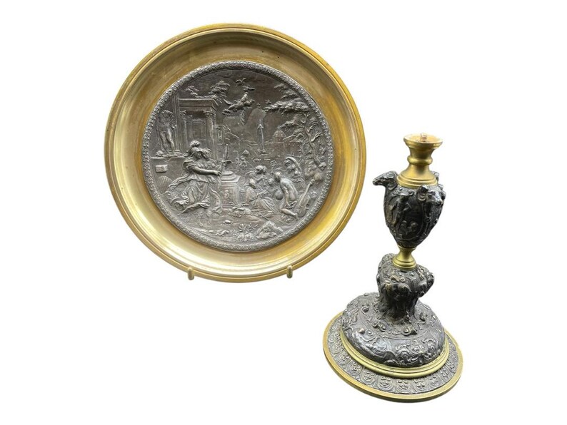 19th century gilt and patinated bronze cup, Napoleon 3, Neoclassical / Renaissance decorative tazza, Antique table centerpiece, French work image 3