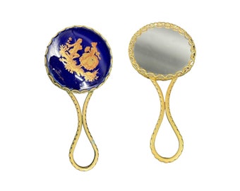 Limoges hand mirror, Limoges porcelain, gold-gilded brass, copper gallant scene decor, blue background, chic, display case, curiosity, France