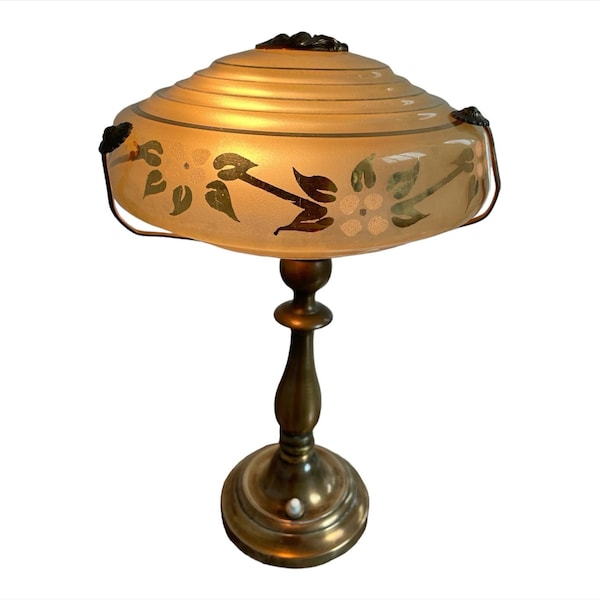 Vintage, lampe de table, abat-jour en verre, jaune, décor floral or, piétement en métal, style Art Nouveau, décoration intérieure, France