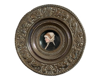 19th century portrait on porcelain, hand-painted decoration, woman wearing a veil, brass surround, coat of arms, French work, France