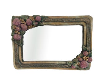 Wooden mirror with floral relief decoration, flowers, roses, large mirror, relief decoration, slip, frieze, retro chic decoration, elegant France