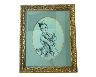 Elegant drawing, 3-quarter length portrait, woman, large, gilded wood frame, Art Deco, 1930s style, under glass, chic decor, France