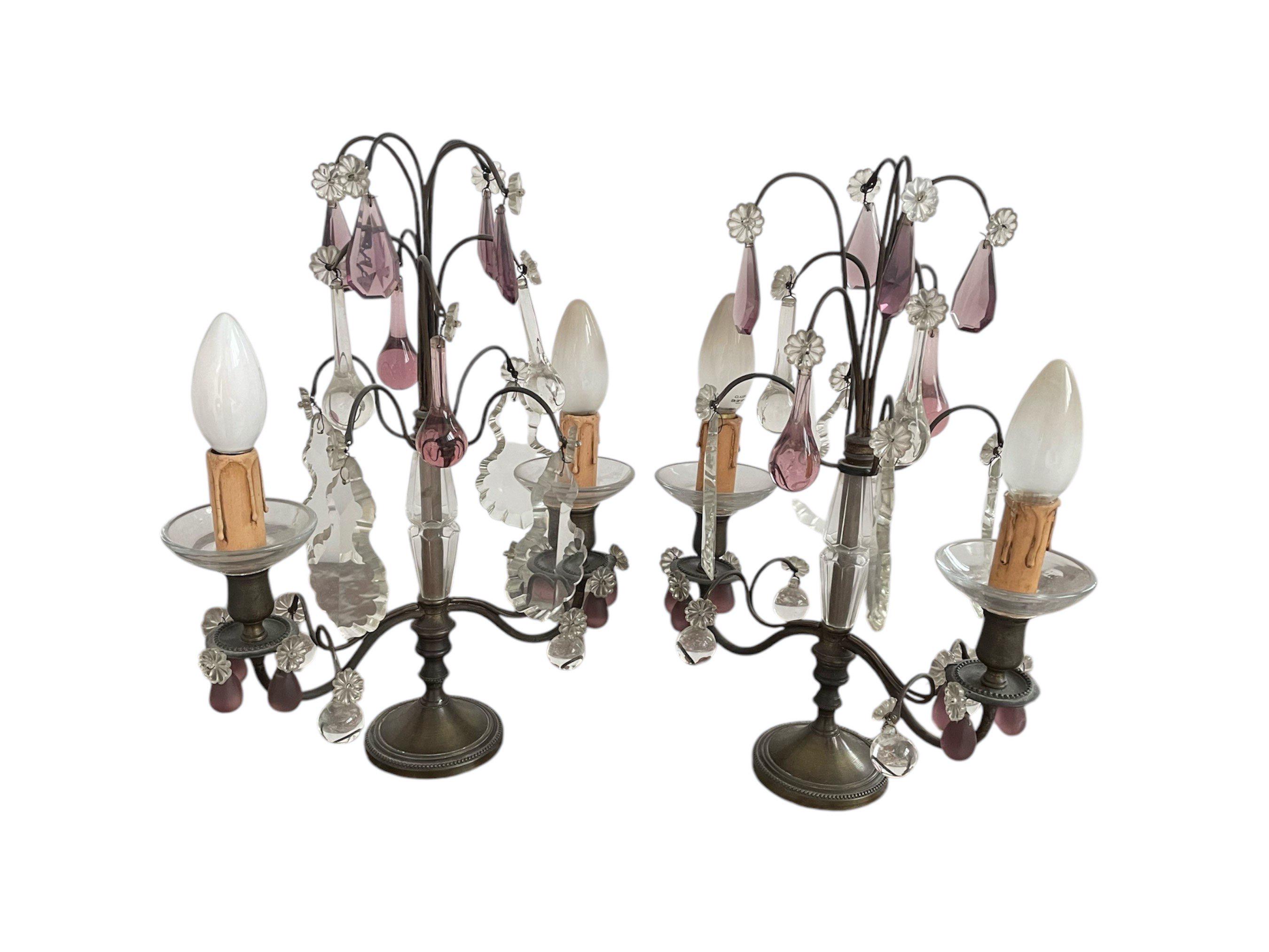 Pair of silver-plated bronze chandeliers, lamps, crystal, tassels, flowers, pendant, rosettes, lighting, early 20th century, France