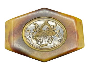 Vintage Brosche in Schildpattoptik, klassisch verziertes Medaillon, Art-déco-Stil, Retro-Schmuck