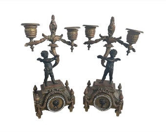 Antique, pair of candlesticks, bronze, putti, cornucopias, medallions, 3 patinas, quadripod feet, antique decor, antique, art, France