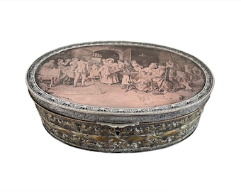 Jewelry box, oval, signed L&#39;ALDIGIER GR, lithograph decoration, baptism scene, 18th century, antique, red velvet interior, France
