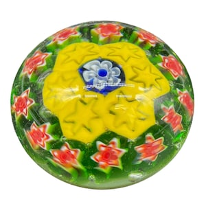 Vintage, Sulfide, Murano crystal paperweight, millefiori decor, colorful circular shapes, 20th century period, green, yellow, Italy