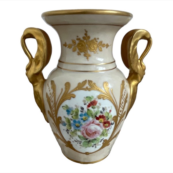 Antique, vase balustre, porcelaine de Paris, cartouche de fleurs, réhauts d'or, anses en forme de cygnes, bouquets, doré, dorure, or, France