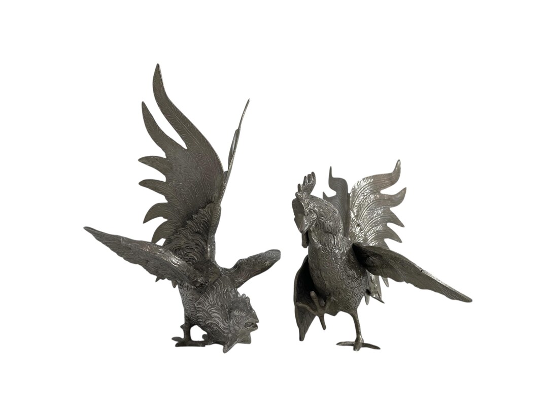 Sculpture Combat De Coqs En Métal Argenté - Années 70, 19x17x12 Cm, 2 Kg
