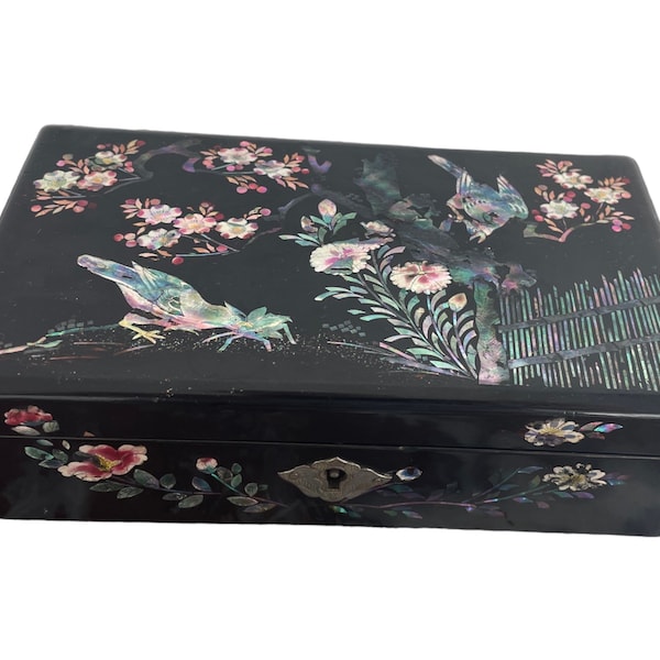 Vintage, coffret en laque, incrustation de nacre, décor oiseaux, fleurs, bois noir, boîte à bijoux, chinoisant, Asie, rangement, art, France