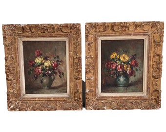 Antique, paire, peinture à l'huile, XIXème siècle, nature morte au bouquet de fleurs, still life, signées, cadres bois, Emile Bouche, France