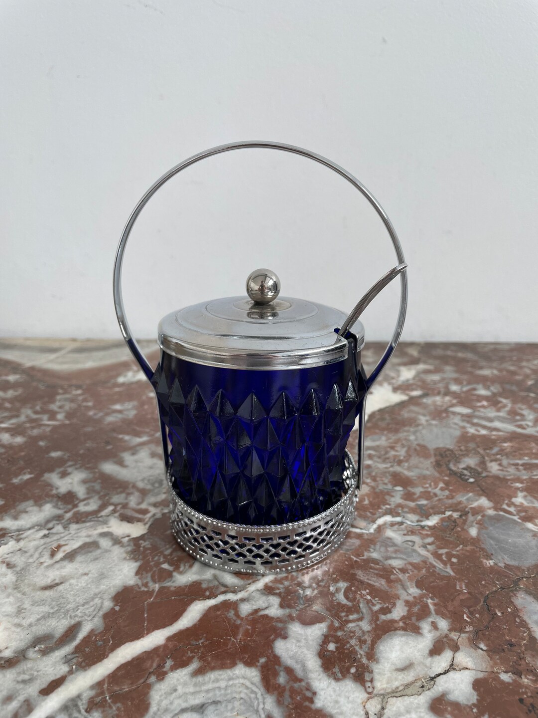 Vintage, Sugar Pot, Sugar Bowl, Brama Empire Stainless, Blue Glass