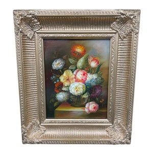 Peinture à l'huile, nature morte au bouquet, fleurs, vase, peinture dans le goût, école russe, cadre doré or, décor chic, France