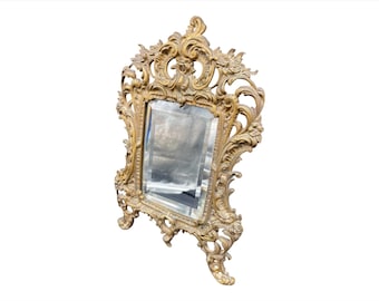 Antique, miroir psyché, glace biseautée, régule doré, fin XIXème s., décor rocaille, fleurs, style Louis XV, coiffeuse, décor chic, France