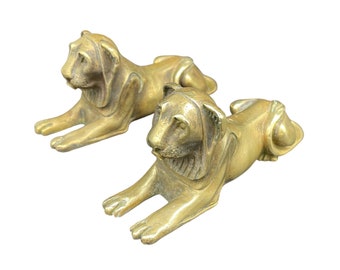 Bronze sculpture, statuettes, bronze lions, pair, gilded, stylized felines, shop window decoration, curiosity, Return from Egypt, France